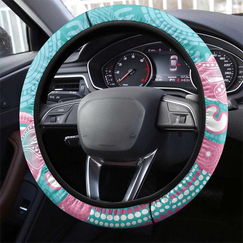 Hereditary And Gynecologic Cancer Awareness Steering Wheel Cover Teal Pink Ribbon Aboriginal Art - Aussie Hoodie