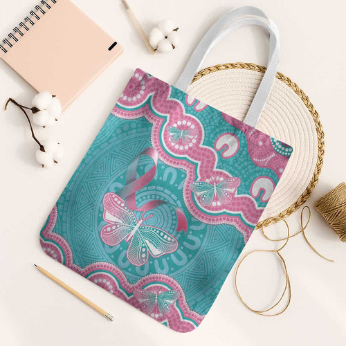 Hereditary And Gynecologic Cancer Awareness Tote Bag Teal Pink Ribbon Aboriginal Art - Aussie Hoodie