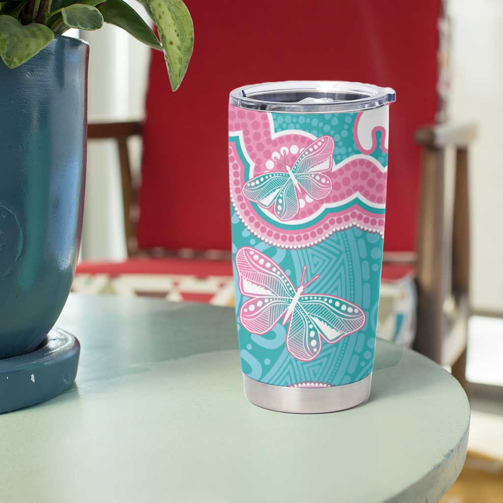 Hereditary And Gynecologic Cancer Awareness Tumbler Cup Teal Pink Ribbon Aboriginal Art - Aussie Hoodie