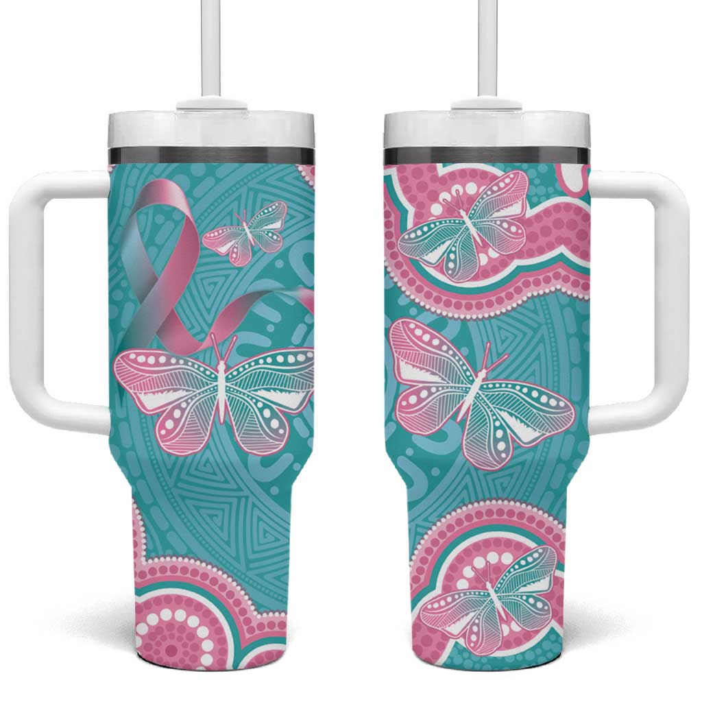 Hereditary And Gynecologic Cancer Awareness Tumbler With Handle Teal Pink Ribbon Aboriginal Art - Aussie Hoodie