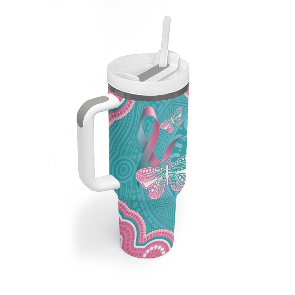Hereditary And Gynecologic Cancer Awareness Tumbler With Handle Teal Pink Ribbon Aboriginal Art - Aussie Hoodie