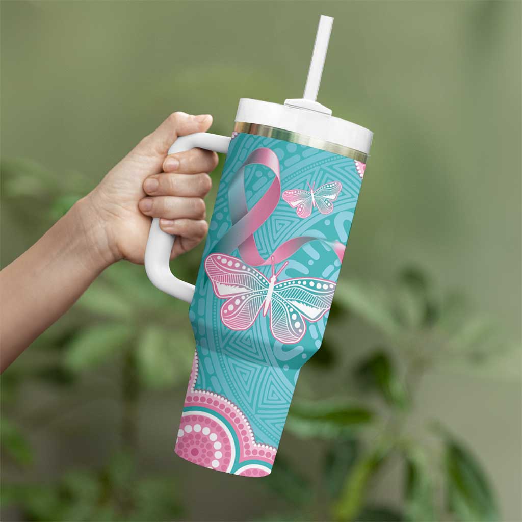 Hereditary And Gynecologic Cancer Awareness Tumbler With Handle Teal Pink Ribbon Aboriginal Art - Aussie Hoodie