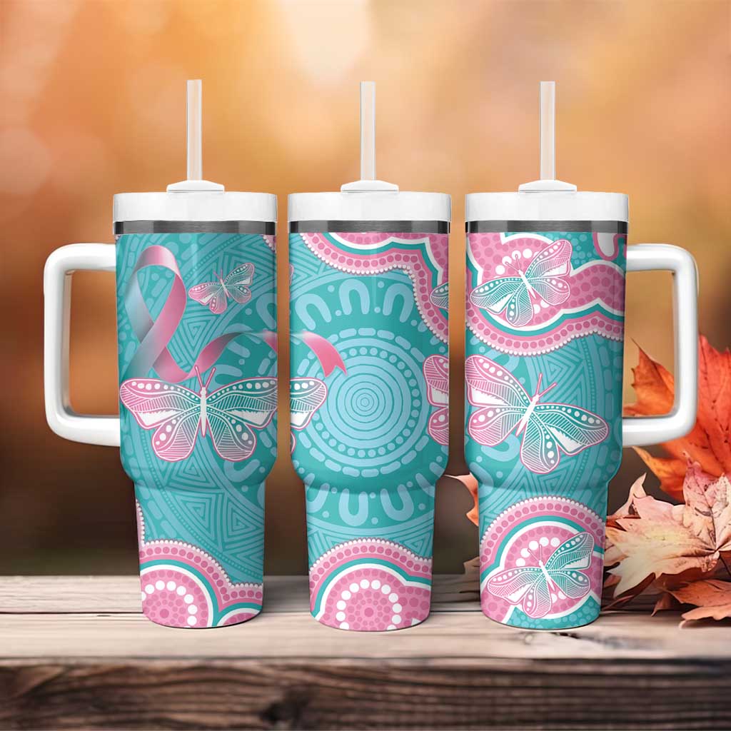 Hereditary And Gynecologic Cancer Awareness Tumbler With Handle Teal Pink Ribbon Aboriginal Art - Aussie Hoodie