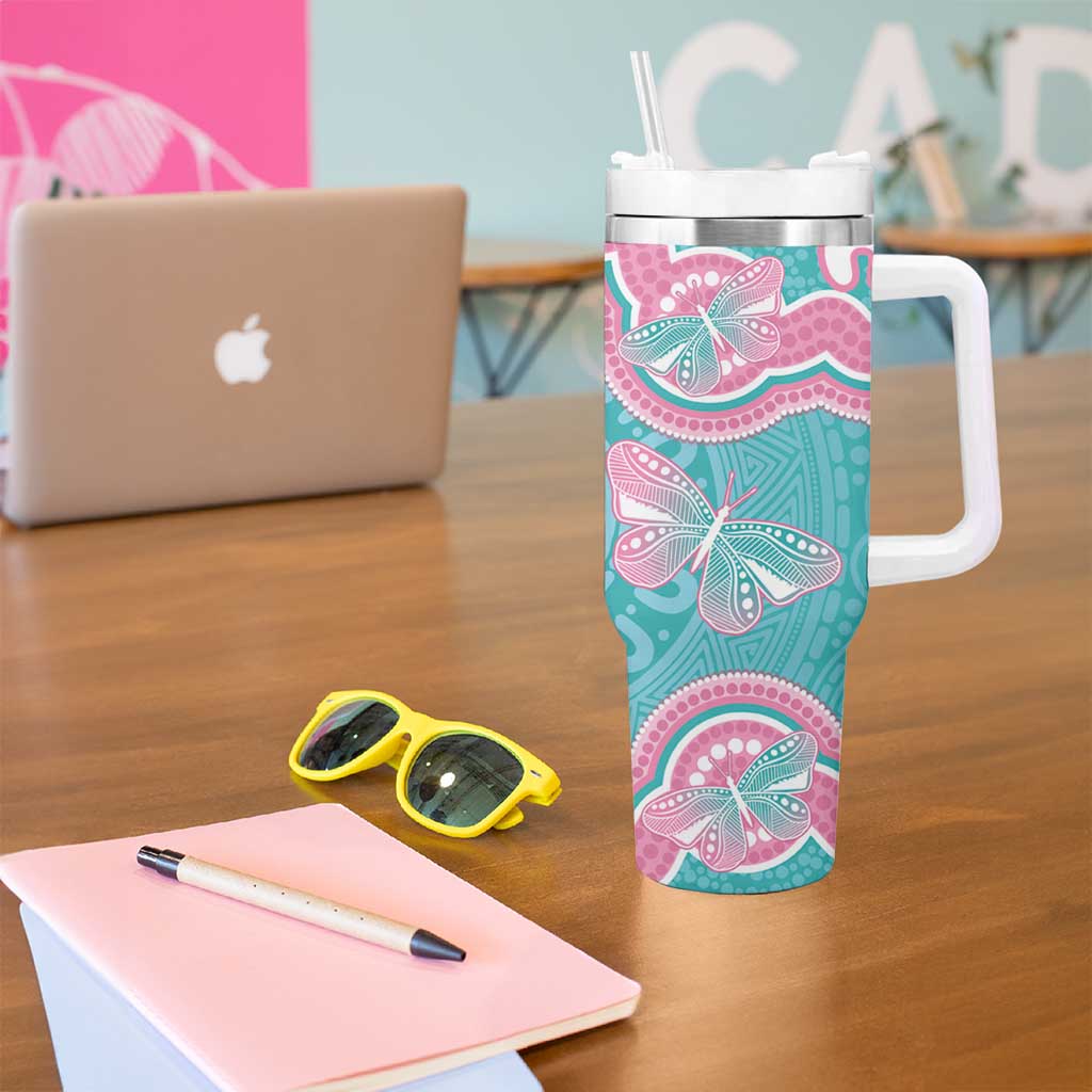 Hereditary And Gynecologic Cancer Awareness Tumbler With Handle Teal Pink Ribbon Aboriginal Art - Aussie Hoodie