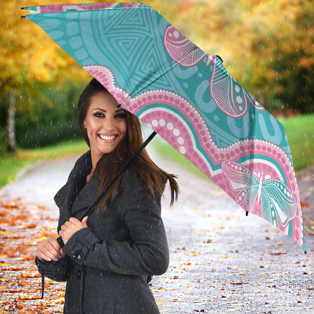 Hereditary And Gynecologic Cancer Awareness Umbrella Teal Pink Ribbon Aboriginal Art - Aussie Hoodie