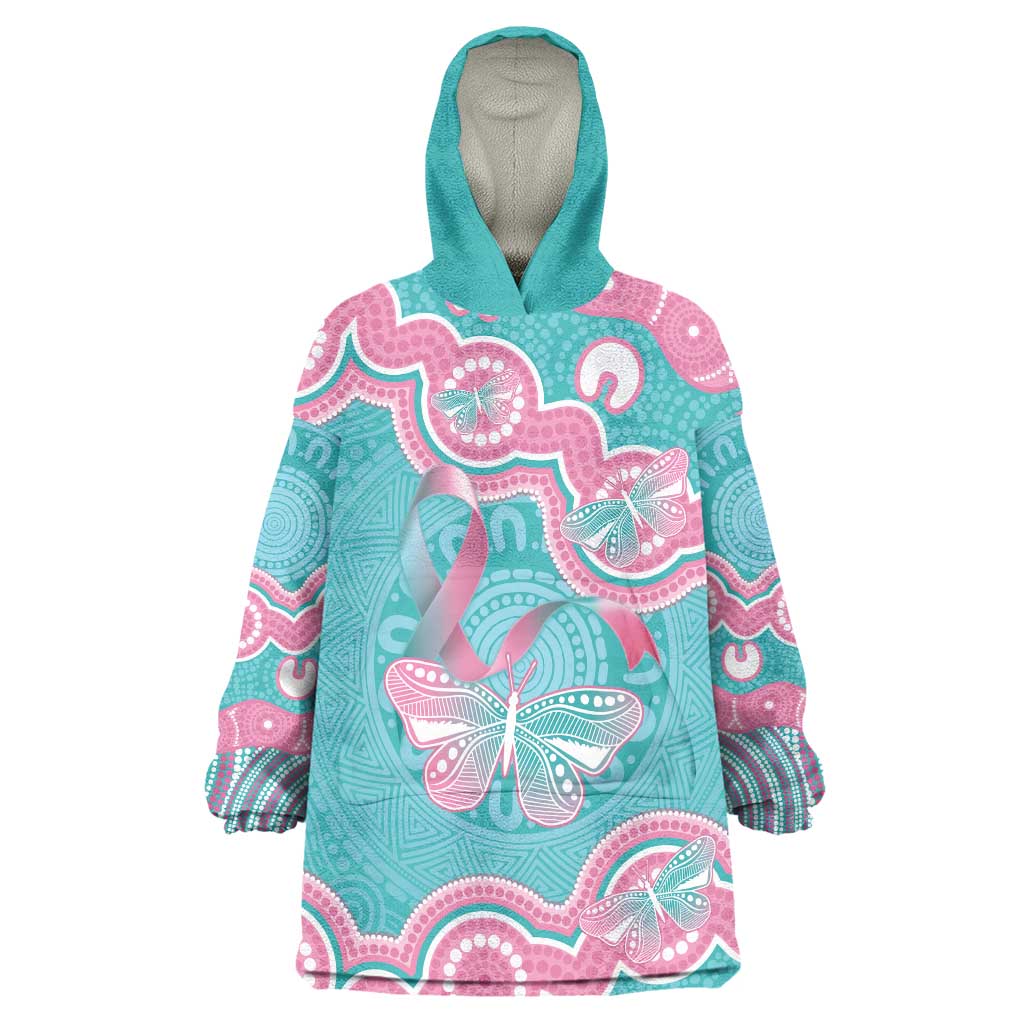 Hereditary And Gynecologic Cancer Awareness Wearable Blanket Hoodie Teal Pink Ribbon Aboriginal Art - Aussie Hoodie