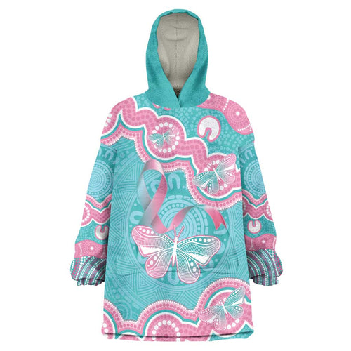 Hereditary And Gynecologic Cancer Awareness Wearable Blanket Hoodie Teal Pink Ribbon Aboriginal Art - Aussie Hoodie