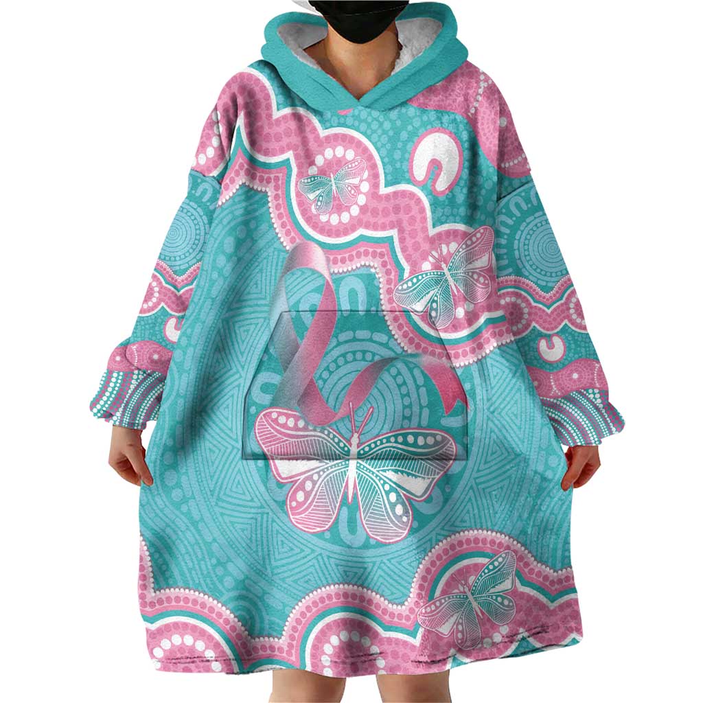 Hereditary And Gynecologic Cancer Awareness Wearable Blanket Hoodie Teal Pink Ribbon Aboriginal Art - Aussie Hoodie