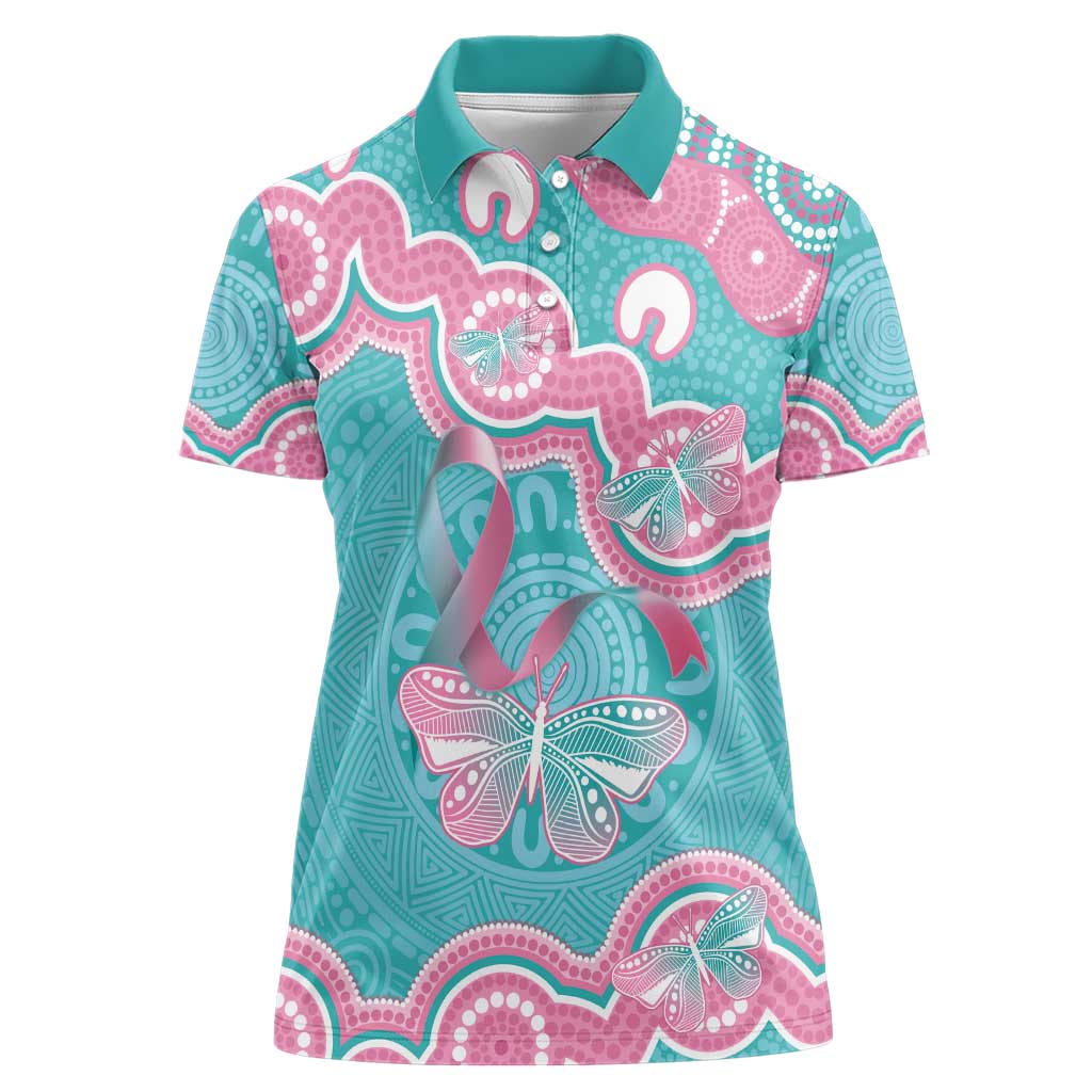 Hereditary And Gynecologic Cancer Awareness Women Polo Shirt Teal Pink Ribbon Aboriginal Art - Aussie Hoodie
