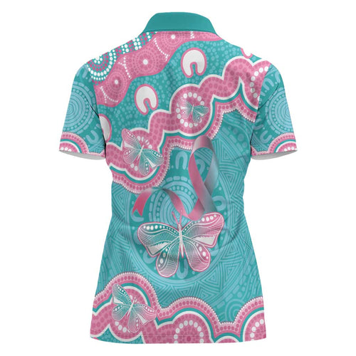 Hereditary And Gynecologic Cancer Awareness Women Polo Shirt Teal Pink Ribbon Aboriginal Art - Aussie Hoodie