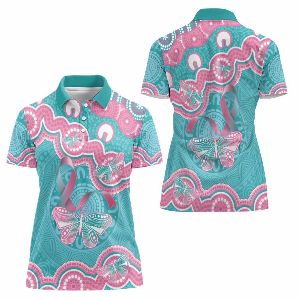 Hereditary And Gynecologic Cancer Awareness Women Polo Shirt Teal Pink Ribbon Aboriginal Art - Aussie Hoodie