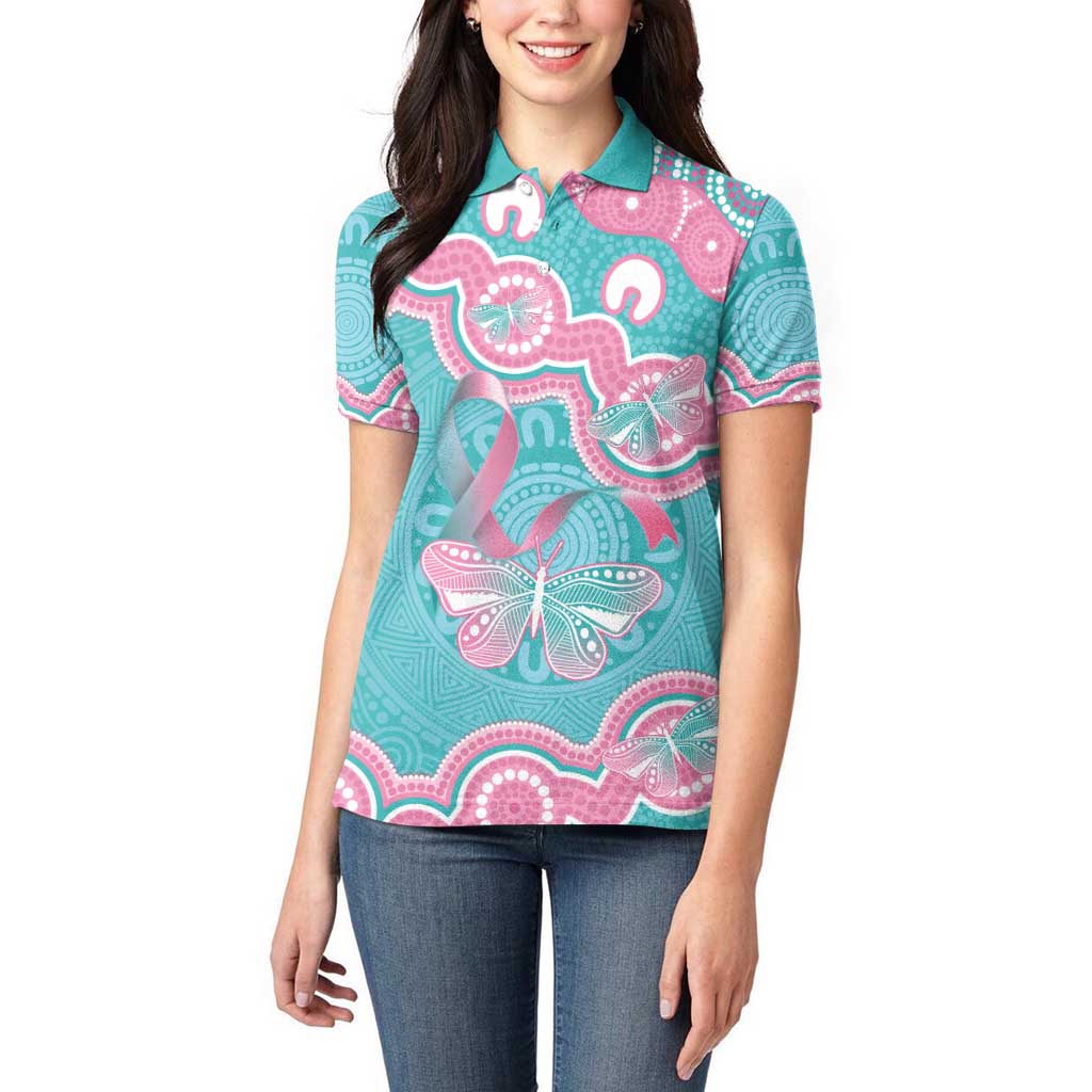 Hereditary And Gynecologic Cancer Awareness Women Polo Shirt Teal Pink Ribbon Aboriginal Art - Aussie Hoodie
