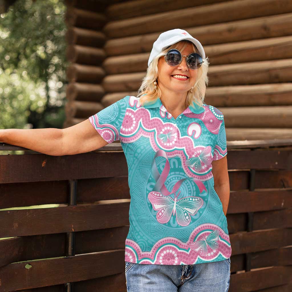 Hereditary And Gynecologic Cancer Awareness Women Polo Shirt Teal Pink Ribbon Aboriginal Art - Aussie Hoodie