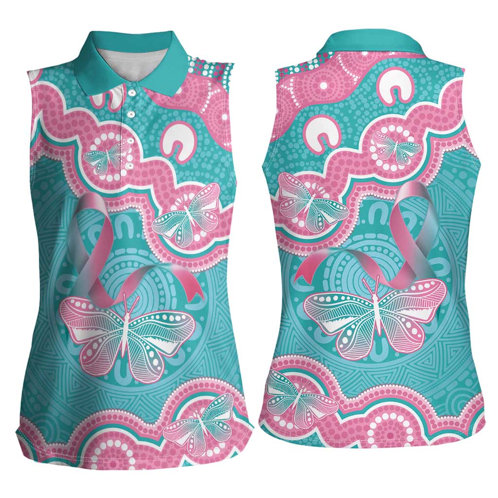 Hereditary And Gynecologic Cancer Awareness Women Sleeveless Polo Shirt Teal Pink Ribbon Aboriginal Art - Aussie Hoodie