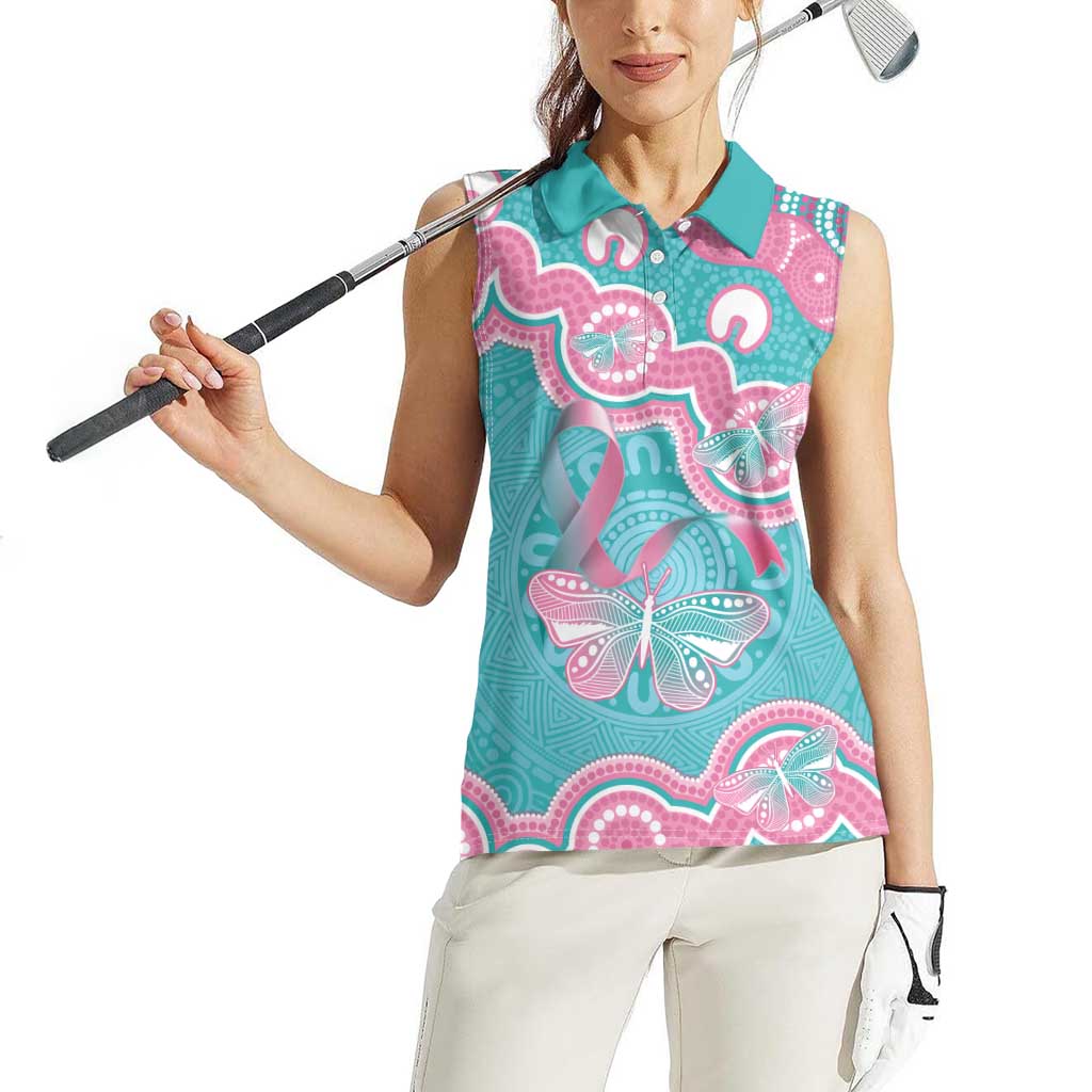 Hereditary And Gynecologic Cancer Awareness Women Sleeveless Polo Shirt Teal Pink Ribbon Aboriginal Art - Aussie Hoodie