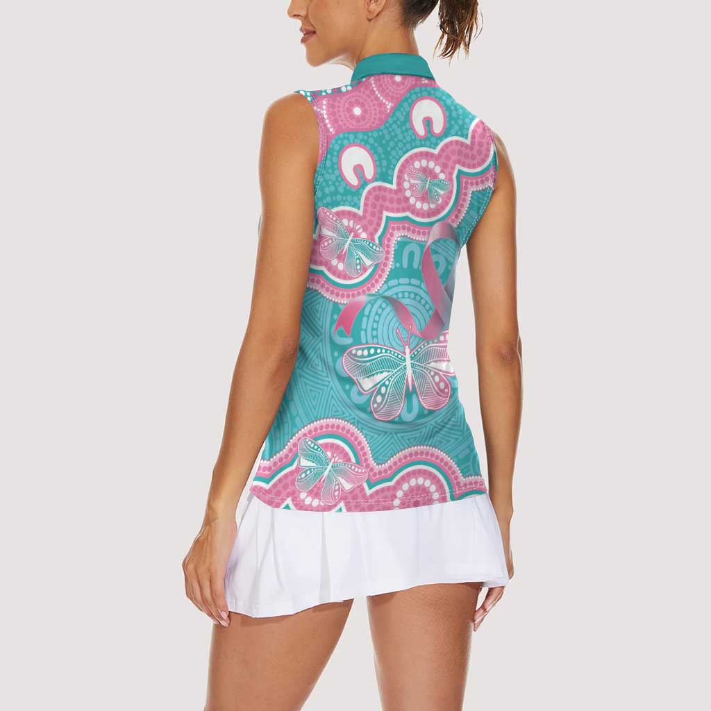 Hereditary And Gynecologic Cancer Awareness Women Sleeveless Polo Shirt Teal Pink Ribbon Aboriginal Art - Aussie Hoodie