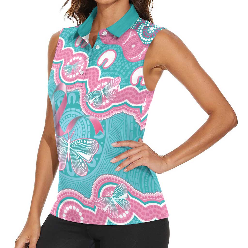Hereditary And Gynecologic Cancer Awareness Women Sleeveless Polo Shirt Teal Pink Ribbon Aboriginal Art - Aussie Hoodie