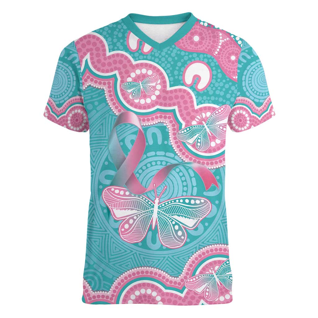 Hereditary And Gynecologic Cancer Awareness Women V-Neck T-Shirt Teal Pink Ribbon Aboriginal Art - Aussie Hoodie