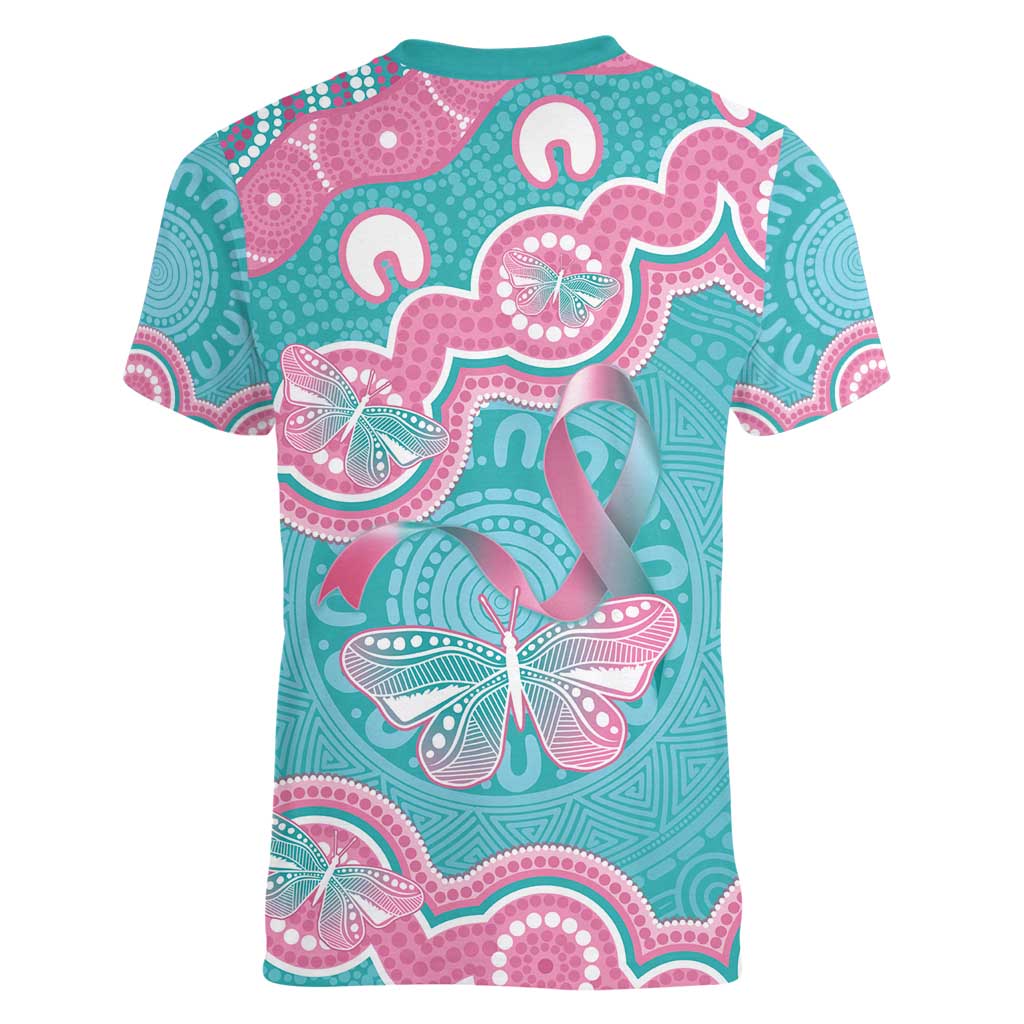 Hereditary And Gynecologic Cancer Awareness Women V-Neck T-Shirt Teal Pink Ribbon Aboriginal Art - Aussie Hoodie