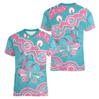 Hereditary And Gynecologic Cancer Awareness Women V-Neck T-Shirt Teal Pink Ribbon Aboriginal Art - Aussie Hoodie