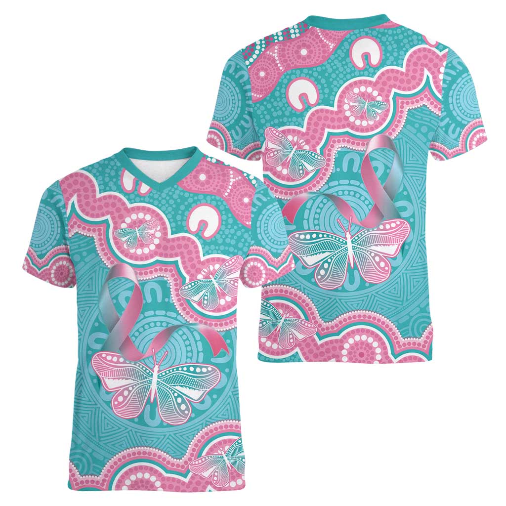 Hereditary And Gynecologic Cancer Awareness Women V-Neck T-Shirt Teal Pink Ribbon Aboriginal Art - Aussie Hoodie