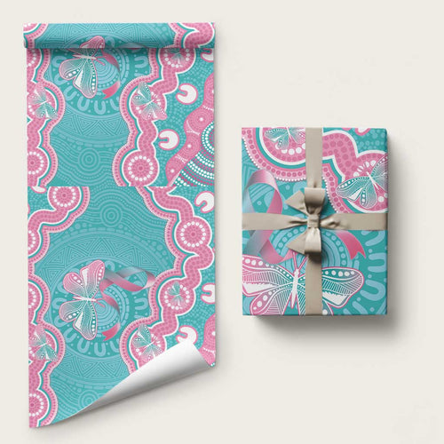 Hereditary And Gynecologic Cancer Awareness Wrapping Paper Teal Pink Ribbon Aboriginal Art - Aussie Hoodie