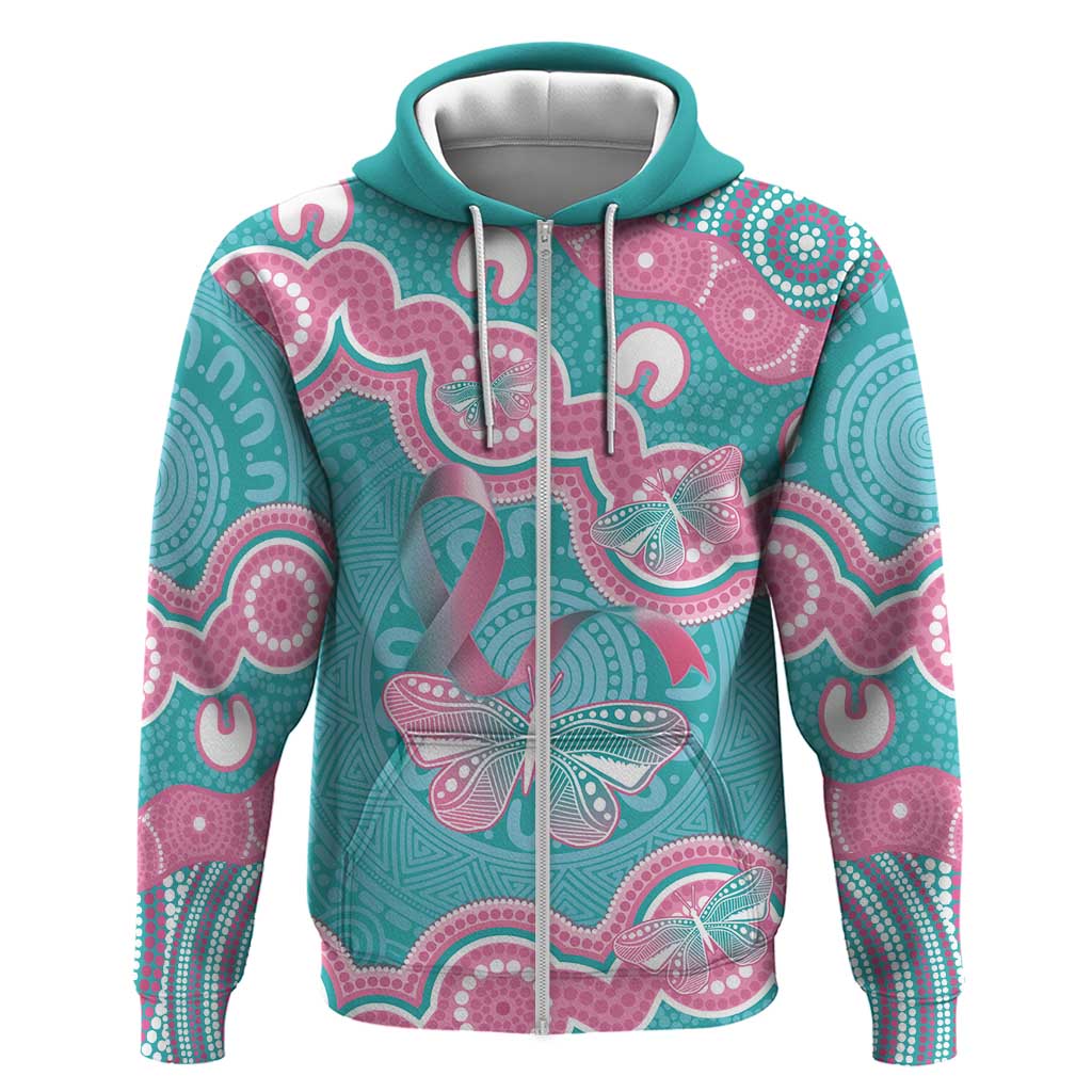 Hereditary And Gynecologic Cancer Awareness Zip Hoodie Teal Pink Ribbon Aboriginal Art - Aussie Hoodie