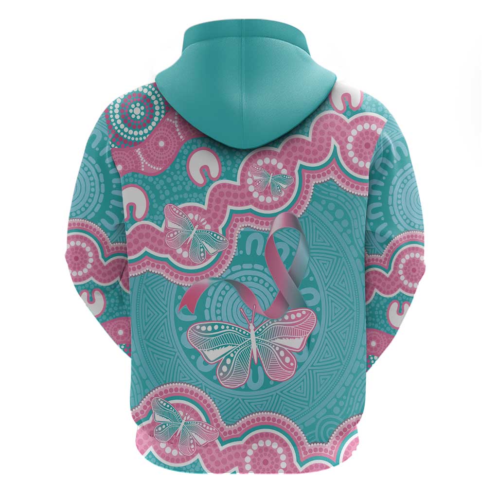Hereditary And Gynecologic Cancer Awareness Zip Hoodie Teal Pink Ribbon Aboriginal Art - Aussie Hoodie