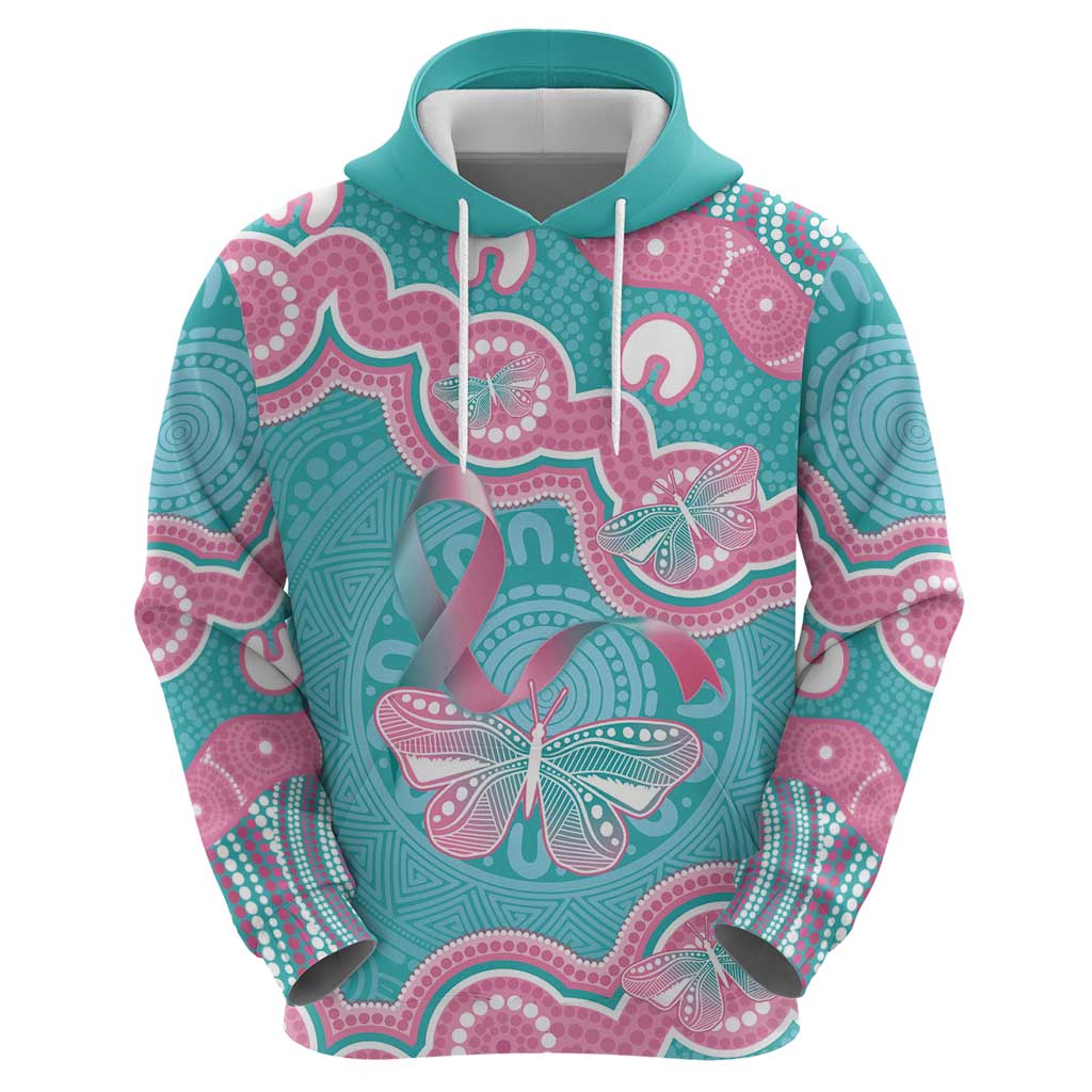 Hereditary And Gynecologic Cancer Awareness Zip Hoodie Teal Pink Ribbon Aboriginal Art - Aussie Hoodie