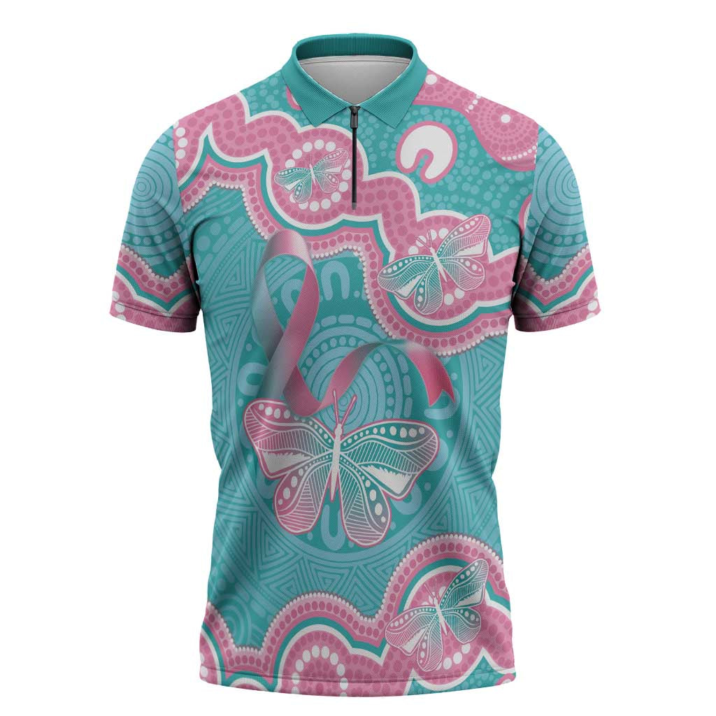 Hereditary And Gynecologic Cancer Awareness Zipper Polo Shirt Teal Pink Ribbon Aboriginal Art - Aussie Hoodie