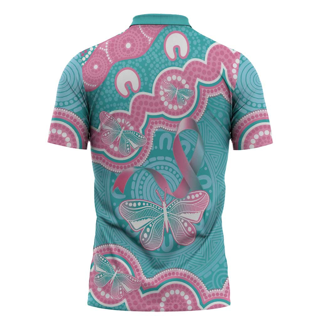 Hereditary And Gynecologic Cancer Awareness Zipper Polo Shirt Teal Pink Ribbon Aboriginal Art - Aussie Hoodie