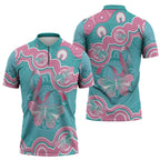 Hereditary And Gynecologic Cancer Awareness Zipper Polo Shirt Teal Pink Ribbon Aboriginal Art - Aussie Hoodie