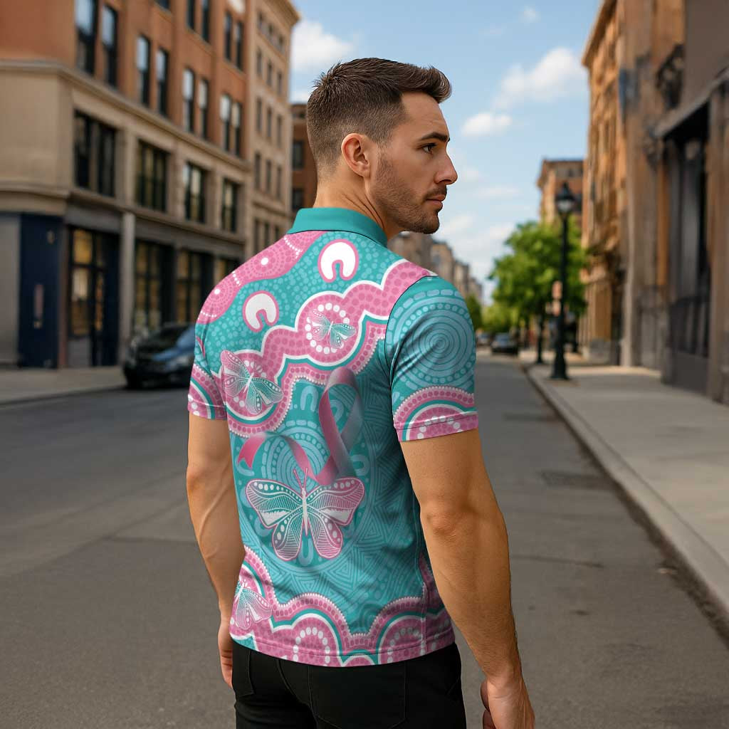 Hereditary And Gynecologic Cancer Awareness Zipper Polo Shirt Teal Pink Ribbon Aboriginal Art - Aussie Hoodie