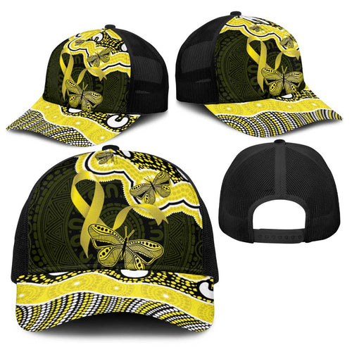Yellow Ribbon Sarcoma Awareness Month Baseball Net Cap Aboriginal Art - Aussie Hoodie