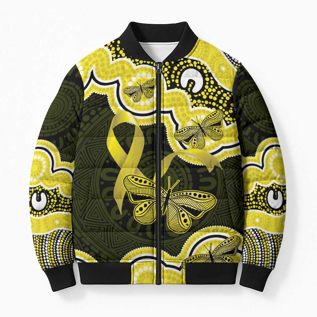 Yellow Ribbon Sarcoma Awareness Month Bomber Puffer Jacket Aboriginal Art - Aussie Hoodie
