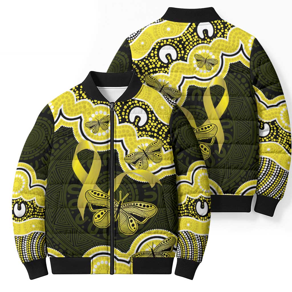 Yellow Ribbon Sarcoma Awareness Month Bomber Puffer Jacket Aboriginal Art - Aussie Hoodie