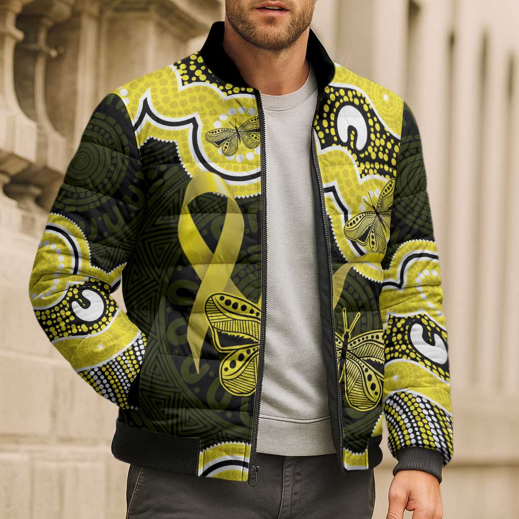 Yellow Ribbon Sarcoma Awareness Month Bomber Puffer Jacket Aboriginal Art - Aussie Hoodie