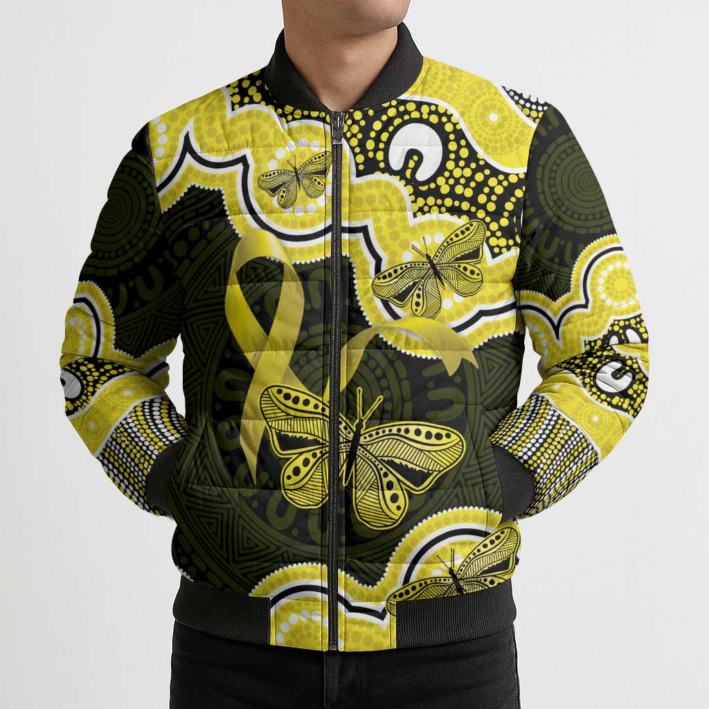 Yellow Ribbon Sarcoma Awareness Month Bomber Puffer Jacket Aboriginal Art - Aussie Hoodie
