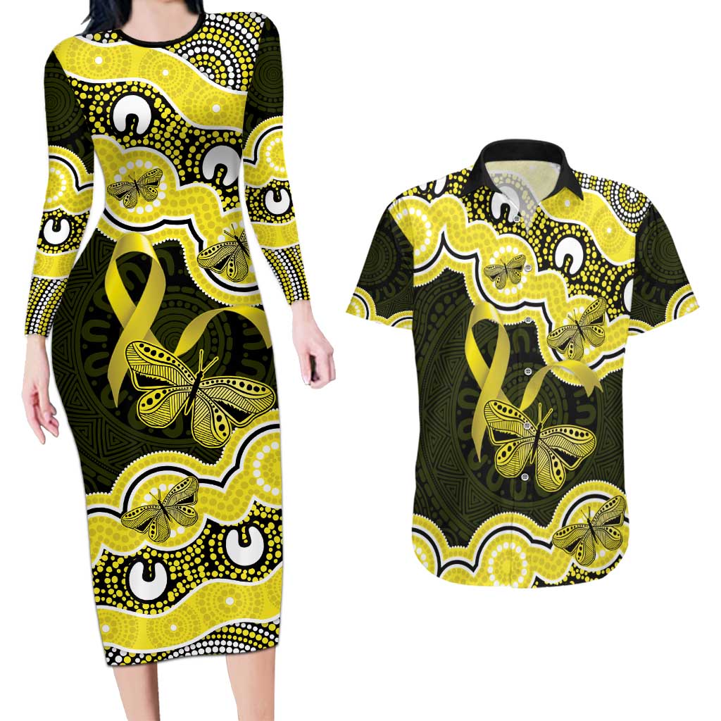 Yellow Ribbon Sarcoma Awareness Month Couples Matching Long Sleeve Bodycon Dress and Hawaiian Shirt Aboriginal Art - Aussie Hoodie