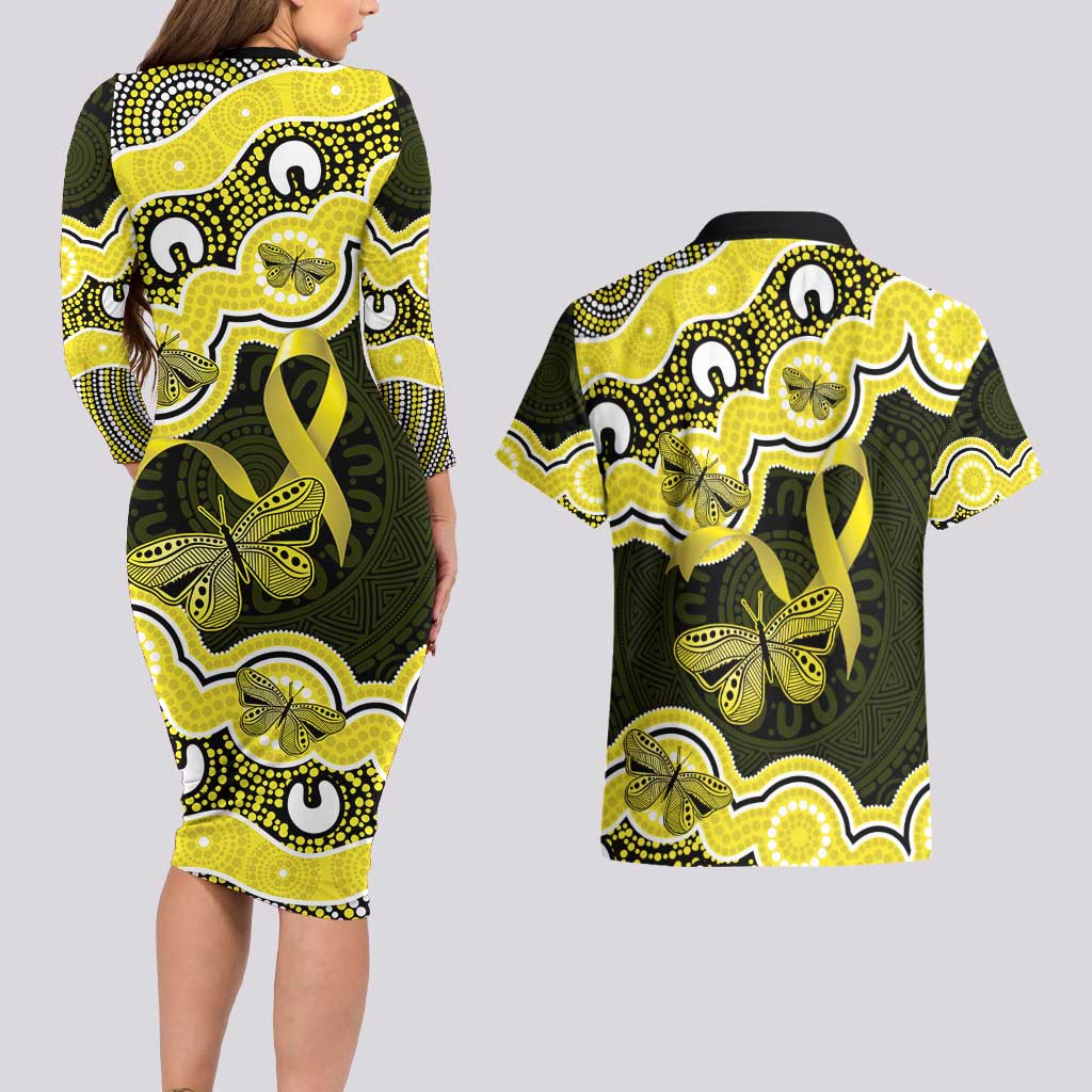 Yellow Ribbon Sarcoma Awareness Month Couples Matching Long Sleeve Bodycon Dress and Hawaiian Shirt Aboriginal Art - Aussie Hoodie