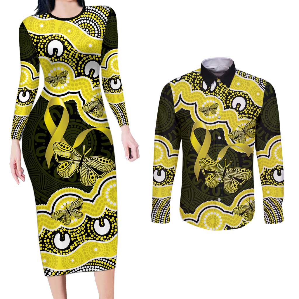 Yellow Ribbon Sarcoma Awareness Month Couples Matching Long Sleeve Bodycon Dress and Long Sleeve Button Shirt Aboriginal Art - Aussie Hoodie