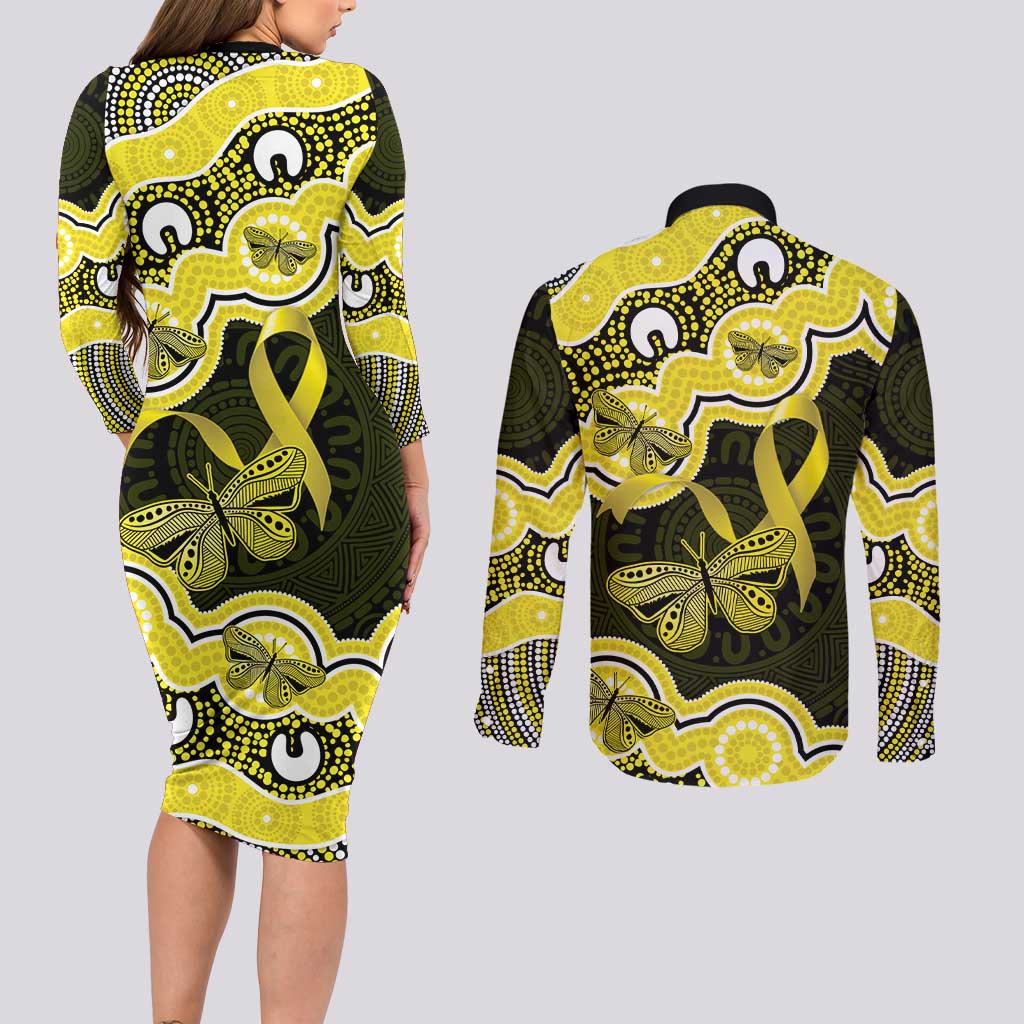 Yellow Ribbon Sarcoma Awareness Month Couples Matching Long Sleeve Bodycon Dress and Long Sleeve Button Shirt Aboriginal Art - Aussie Hoodie