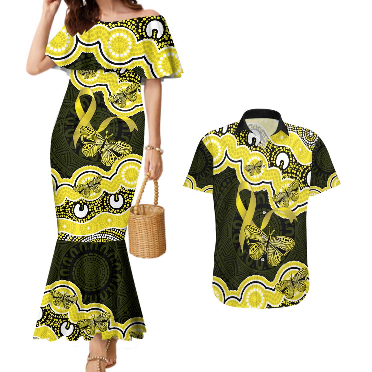 Yellow Ribbon Sarcoma Awareness Month Couples Matching Mermaid Dress and Hawaiian Shirt Aboriginal Art - Aussie Hoodie