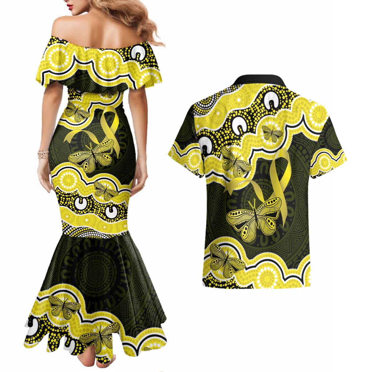 Yellow Ribbon Sarcoma Awareness Month Couples Matching Mermaid Dress and Hawaiian Shirt Aboriginal Art - Aussie Hoodie