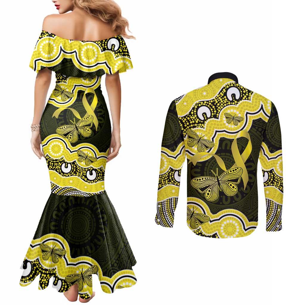 Yellow Ribbon Sarcoma Awareness Month Couples Matching Mermaid Dress and Long Sleeve Button Shirt Aboriginal Art - Aussie Hoodie