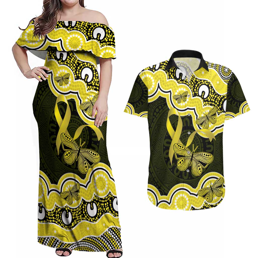 Yellow Ribbon Sarcoma Awareness Month Couples Matching Off Shoulder Maxi Dress and Hawaiian Shirt Aboriginal Art - Aussie Hoodie