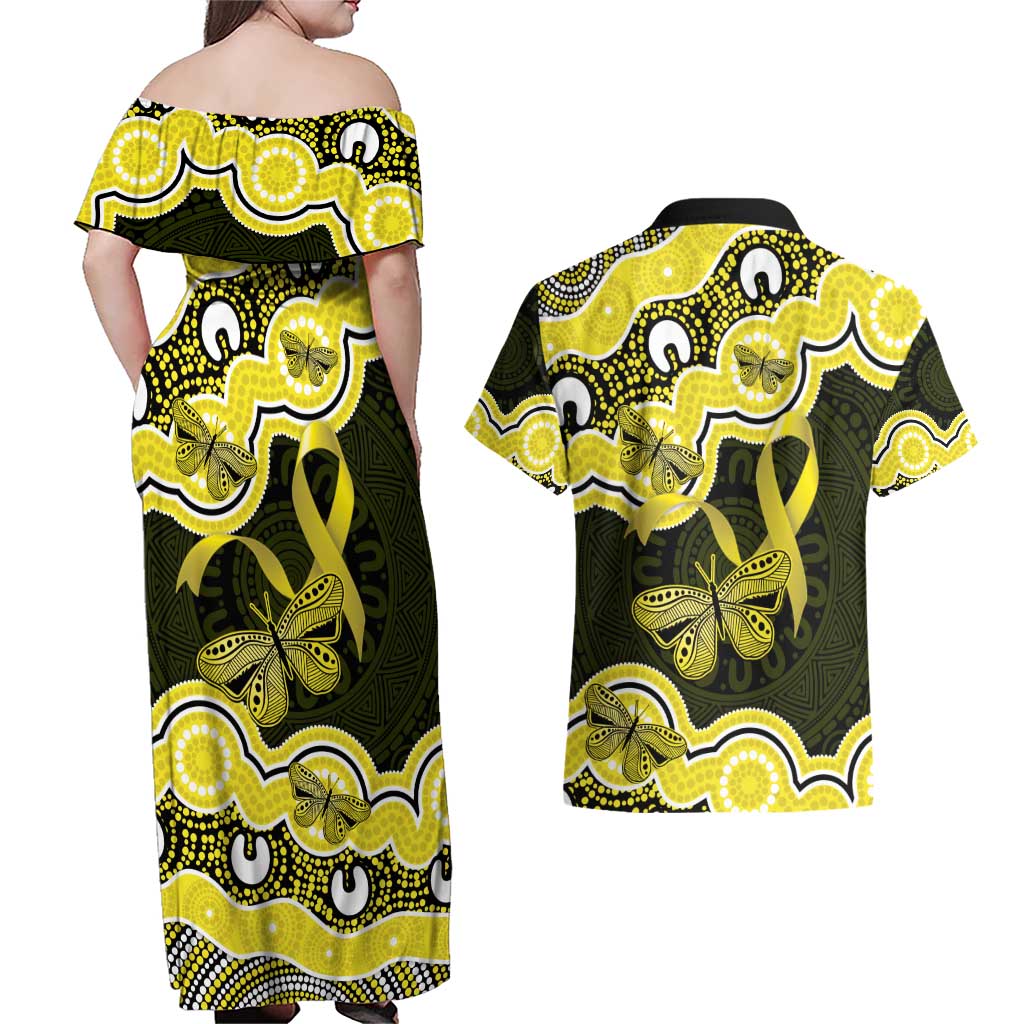 Yellow Ribbon Sarcoma Awareness Month Couples Matching Off Shoulder Maxi Dress and Hawaiian Shirt Aboriginal Art - Aussie Hoodie