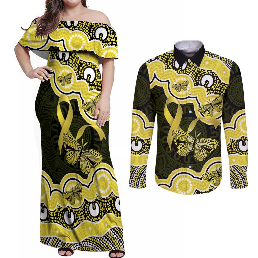 Yellow Ribbon Sarcoma Awareness Month Couples Matching Off Shoulder Maxi Dress and Long Sleeve Button Shirt Aboriginal Art - Aussie Hoodie