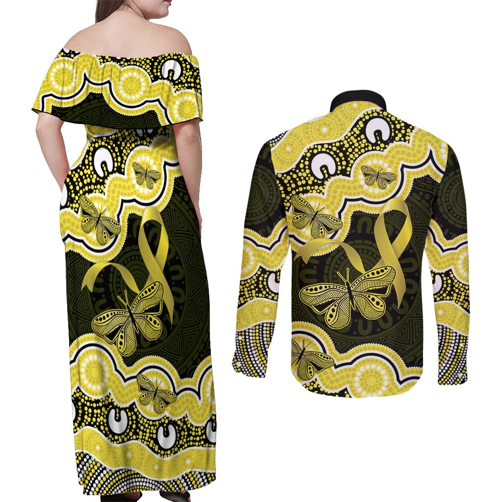 Yellow Ribbon Sarcoma Awareness Month Couples Matching Off Shoulder Maxi Dress and Long Sleeve Button Shirt Aboriginal Art - Aussie Hoodie