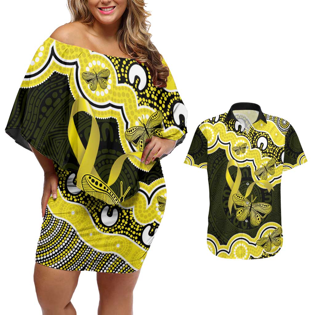 Yellow Ribbon Sarcoma Awareness Month Couples Matching Off Shoulder Short Dress and Hawaiian Shirt Aboriginal Art - Aussie Hoodie